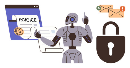 Robot pointing at invoices with secure lock icon and email alerts. Ideal for automation, cybersecurity, digital finance, AI processes, secure transactions, e-commerce, fintech. Simple flat metaphor