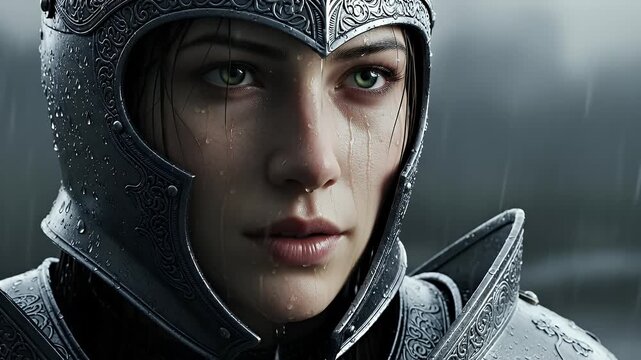 A close-up portrait of a beautiful female knight in armor with rain on her face.