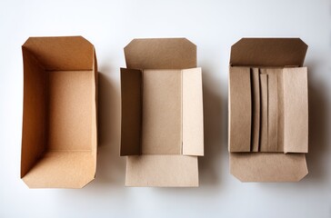 Trio of brown cardboard boxes one assembled, one partly folded, and one folded flat, top view against a white surface under bright, even lighting