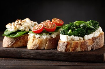 Three open-faced sandwiches sit on a dark wood plank, featuring fresh spinach, crumbled cheese, & sliced tomatoes against a dark, blurred backdrop
