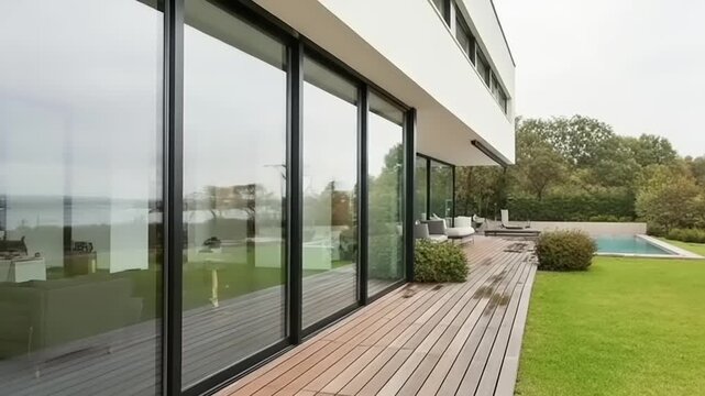 Modern Villa Exterior: Sliding Glass Doors, Wood Deck, Pool, and Lush Green Lawn