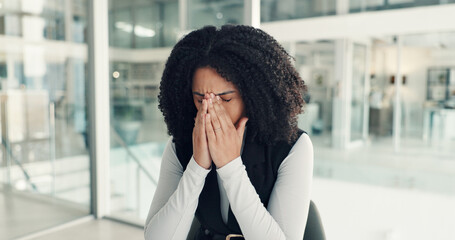 Headache, black woman or stress in office with deadline, frustrated or tired from work. Anxiety, business person or burnout in company with eye strain, overworked or pressure for economic uncertainty