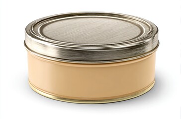 A small, round, golden metal container with beige contents sits on a white surface casting a subtle shadow. The lid is brushed steel with a metallic gleam