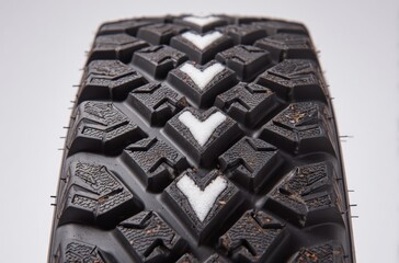 A close-up of a tire with deep, angular treads featuring distinct white chevron shapes, set against a clean white background, highlighting its texture