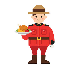 A cartoon illustration of a Canadian Mountie holding a plate of roasted turkey and sides.