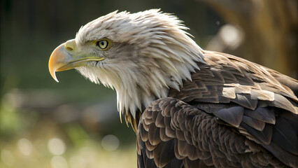 Obraz premium A close-up portrait of a majestic American bald eagle's head, showing its sharp beak and intense eye