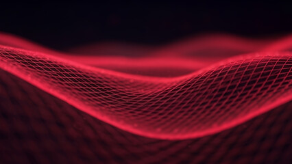 Abstract red wavy mesh pattern on a dark background with blurred foreground and glowing highlights that create depth and emphasize a futuristic digital flow.