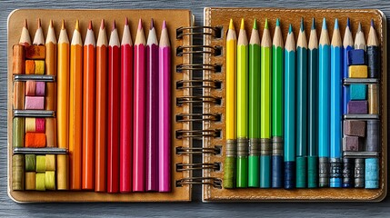 Obraz premium Open sketchbook displaying a vibrant array of colored pencils arranged neatly