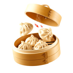 Steamed Dumplings in Bamboo Basket with Flying Chili Slices Isolated on Transparent Background
