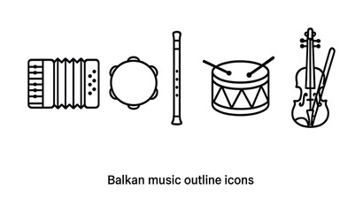 Fototapeta premium Balkan musical instrument outline icons: accordion, tambourine, flute, drum, violin