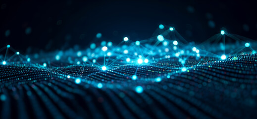 Abstract network with glowing nodes and connections on a dark blue background illuminated by radiant pathways that symbolize digital structure and modern connectivity.
