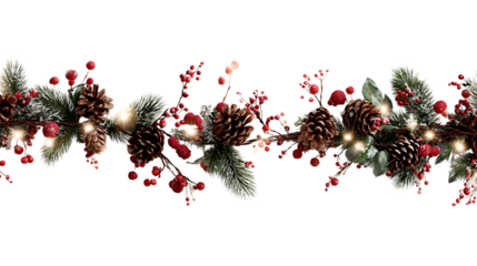 Festive christmas garland with pinecones, berries, and lights isolated on transparent background for holiday decoration