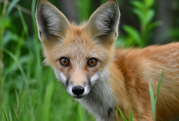 Fototapeta premium a close-up of an orange fox's face, looking directly at the camera, fox, animal