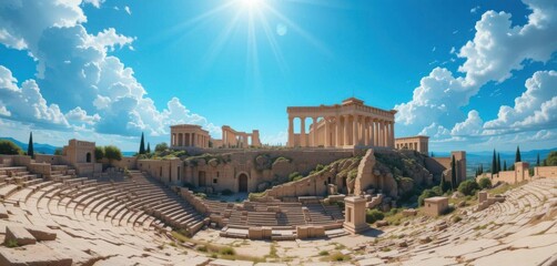 Dramatic Digital Painting of the Acropolis Amphitheater Ruins Against a Vibrant Azure Sky