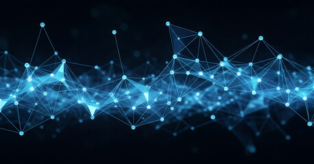 Abstract network of interconnected nodes and lines on a dark blue background forming luminous grids and glowing pathways that emphasize futuristic digital communication.