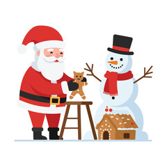 Santa Claus is building a gingerbread man with a snowman and a gingerbread house.