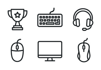 Gaming equipment icons: trophy, keyboard, headset, mouse, monitor