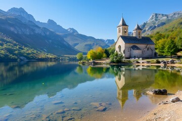 Obraz premium Church reflecting on transparent water of Lake with Julian Alps in background, Slovenia