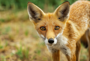Fototapeta premium a close-up of an orange fox's face, looking directly at the camera, fox, animal