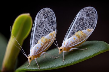 Two small, delicate insects with intricately patterned, translucent wings rest on a green leaf against a dark background