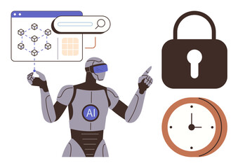 Humanoid robot with AI label interacting with digital interface, padlock, and clock. Ideal for technology, automation, cybersecurity, machine learning, data analysis innovation time management. A