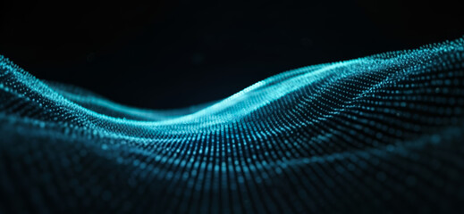 Abstract digital wave pattern with blue light on a dark background, featuring luminous gradients and flowing motion that create a futuristic and dynamic visual effect.