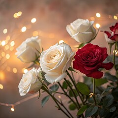 Fresh white and red roses with delicate petals glowing in a romantic background.