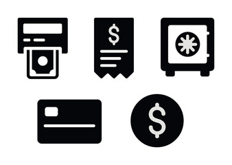 Financial icons set: atm, receipt, safe, credit card, dollar sign