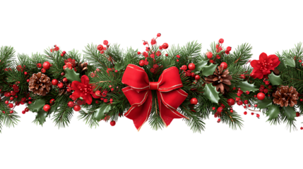 Festive christmas garland with red bow, pinecones, and berries isolated on transparent background for holiday decoration