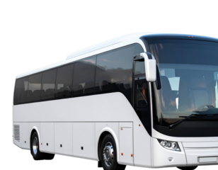 Hyper-realistic white luxury bus with tinted windows and sleek aerodynamic design, angled side view, soft daylight glow highlighting details, transparent background PNG, 8K resolution, high detail.