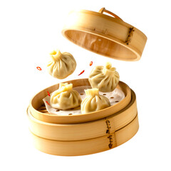 Steamed Dumplings in Bamboo Basket with Flying Chili Slices Isolated on Transparent Background
