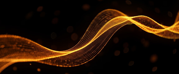 Abstract golden wave on a black background with bokeh effect, glowing highlights and smooth flowing curves that create a luxurious and dynamic digital design.