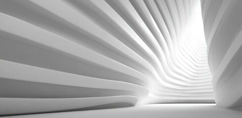 A curvaceous all-white abstract structure with layers forming a tunnel, lit by a bright light at the end, creating depth and visual interest