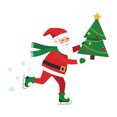 Santa Claus ice skating while holding a decorated Christmas tree.