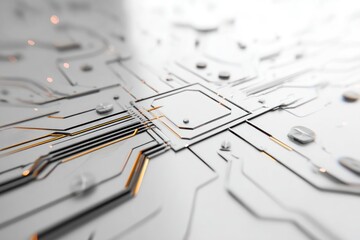 Abstract macro shot of silver circuit board, gold detail, and shallow depth of field, creates a futuristic, sleek, and clean technology aesthetic