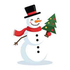 A cheerful snowman wearing a hat and scarf, holding a decorated Christmas tree.