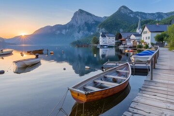 Sunrise illuminating Grundlsee lake with boats and scenic village in Austria