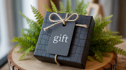 Elegant Black Gift Box with Tag and Rustic Twine on Wooden Background