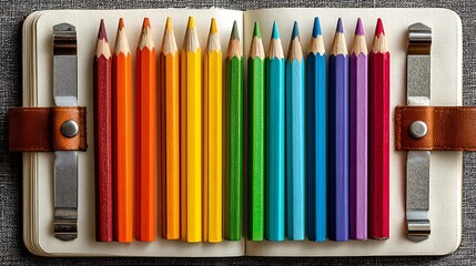 Open sketchbook with colorful pencils arranged in a row isolated on white background