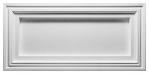 A white rectangular panel with layered molding, creating a recessed center area. The design offers a clean, elegant architectural detail