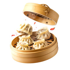 Steamed Dumplings in Bamboo Basket with Flying Chili Slices Isolated on Transparent Background
