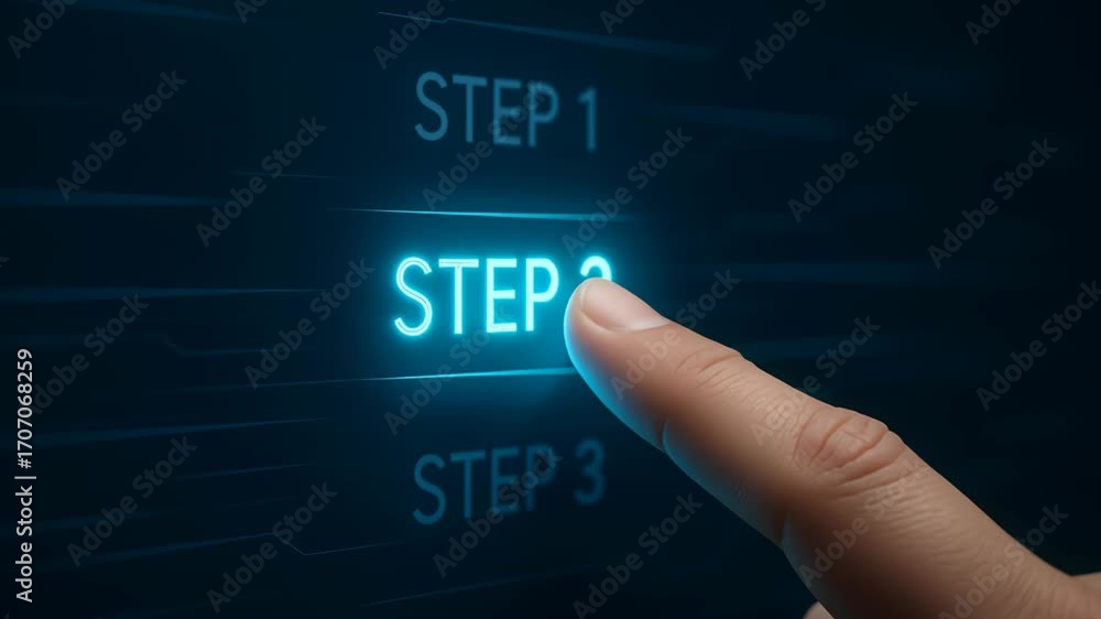 Poster close up of finger pointing at glowing text in digital interface, highlighting step two and symboliz