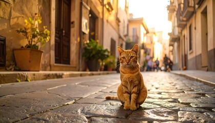 Ginger cat in a sunlit Italian alley