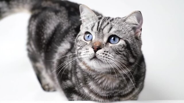 Close-up of an adorable, light grey cat with vivid sapphire eyes, cautiously peeking over a bright white ledge, its gaze fixed intently on something above, with ample negative space in a minimalist wh