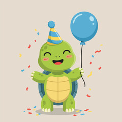 Cartoon turtle celebrating with a party hat and a blue balloon.