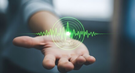 A person's hand hovers over a holographic representation of a heartbeat or sound wave, suggesting health or technology.