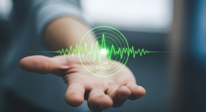 A person's hand hovers over a holographic representation of a heartbeat or sound wave, suggesting health or technology.