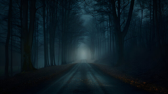 Mysterious dark forest road vanishing into fog and light