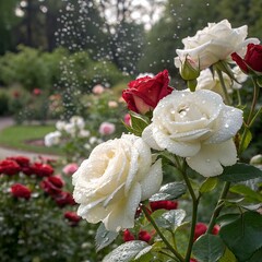 Fresh white and red roses in full bloom with a sparkling garden background.