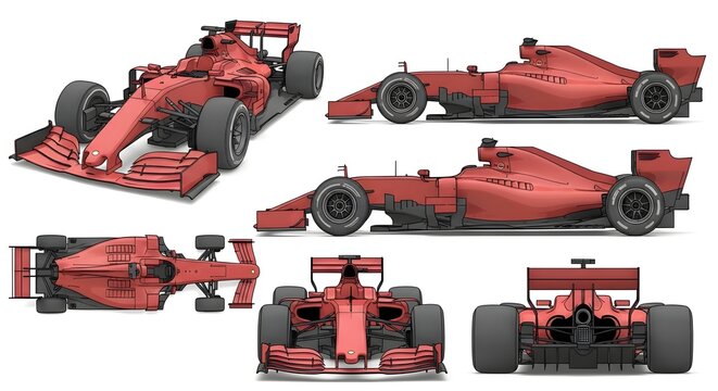 Multiple views of a red Formula One racing car, showcasing various angles and perspectives.